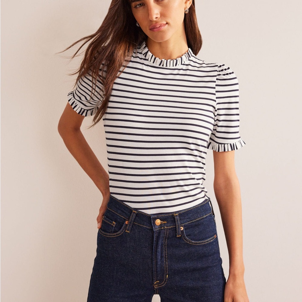Boden Navy and Ivory Striped Ruffle Sleeve Tee